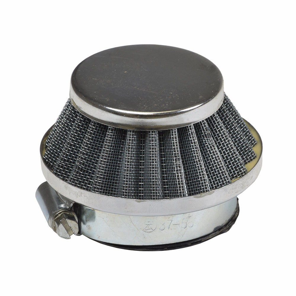 Gas Scooter Parts: Air Filter with a round metal design featuring a close-up of its mesh filter and metal base; suitable for engines from 33cc to 52cc for enhanced airflow and performance.