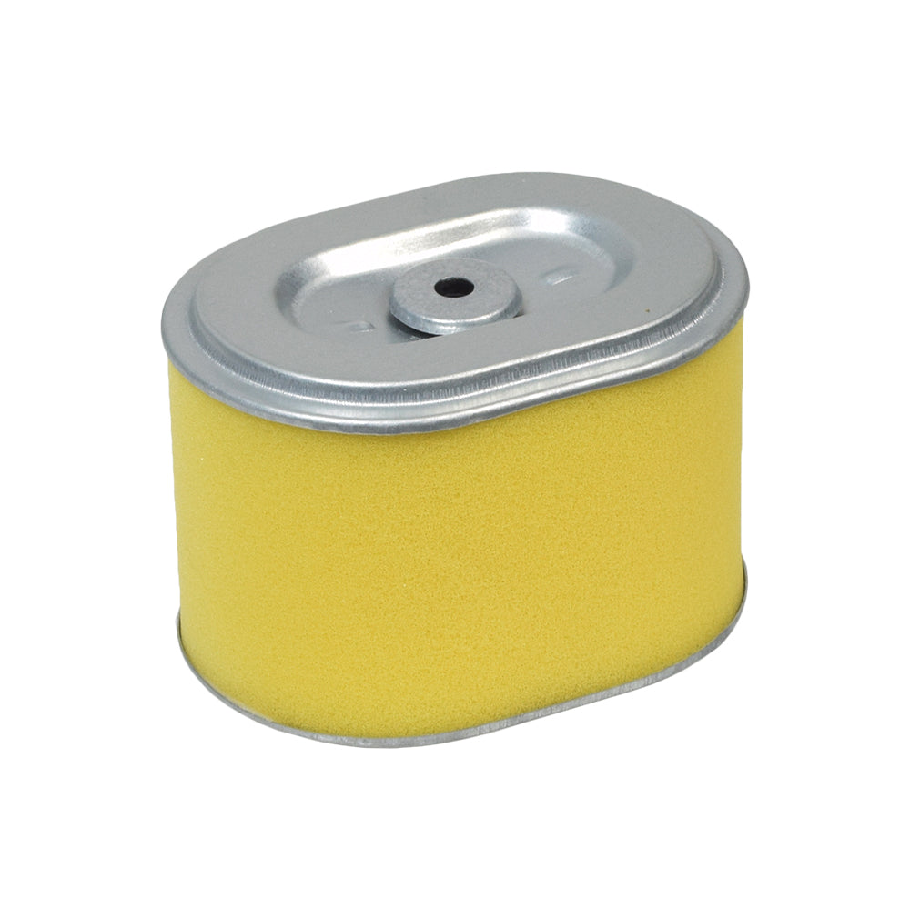 Air Filter Element for the Baja Mini Bike MB165 & MB200 (Baja Heat, Mini Baja, Baja Warrior). Oval-shaped yellow and silver cylinder with a round metal cap, designed to prevent dust intake.