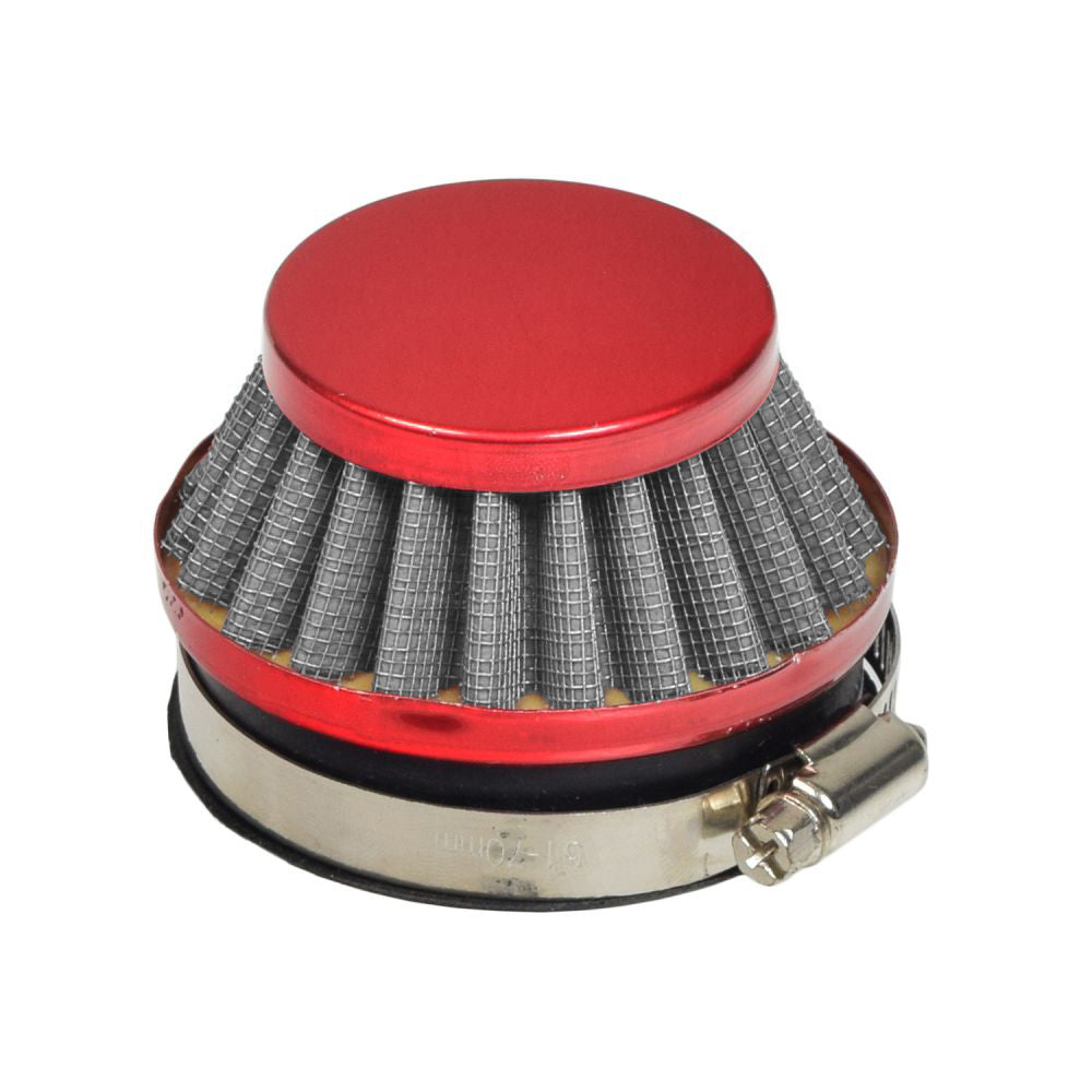 Red Air Filter with Mesh Screen for Gas Scooters, featuring a round metal body and a prominent red cap, designed to enhance engine performance by ensuring clean, dust-free airflow.