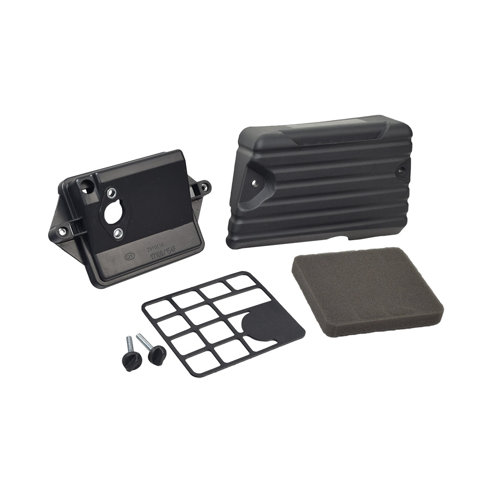 Air Filter Assembly for Coleman CC100X & CT100U Trail Mini Bikes, featuring a black plastic case with a removable foam element and screws, designed to filter dirt and dust from the engine.