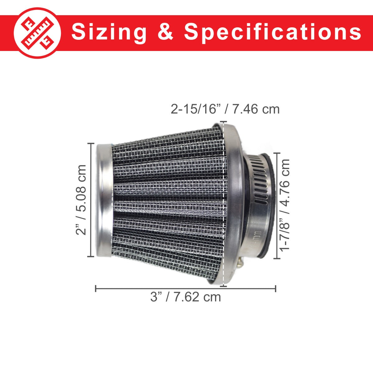 35mm Air Filter for 49cc, 50cc, 70cc, 90cc, 110cc, & 125cc/150cc Go-Karts, showcasing its compact metal design and measurement details for precise fitting.