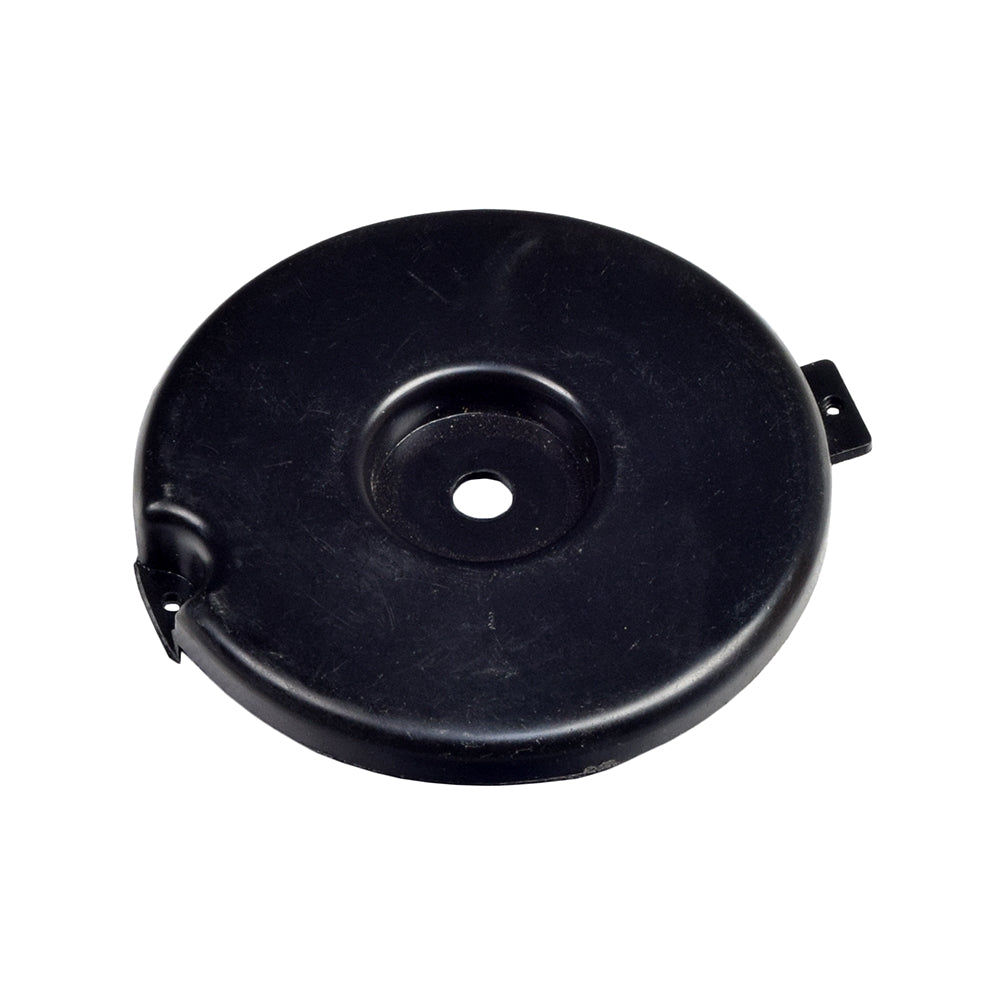 Air Filter Retaining Plate for Motovox MSV10 Scooter, a black circular object with a central hole, designed to secure the foam air filter, protecting the scooter’s carb and engine from dust and debris.