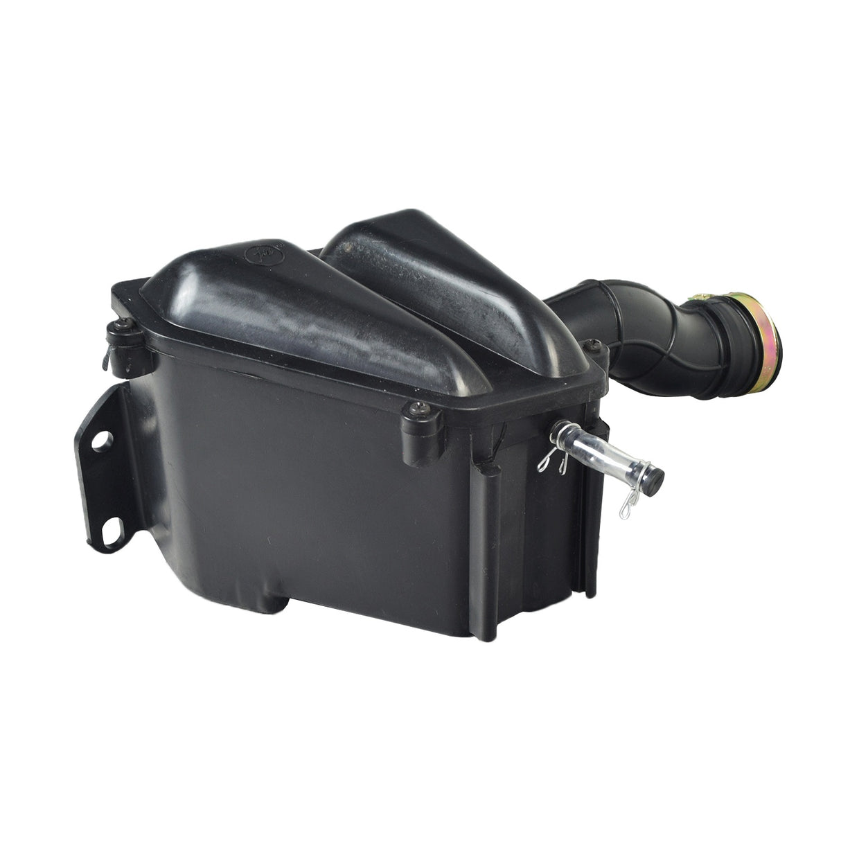 Air Filter Box for 150cc Kandi Go-Karts, featuring a black plastic box with an attached pipe, designed to house a removable air filter element.