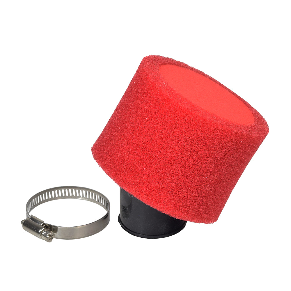 35 mm Foam Air Filter with Angled Fitting for 50cc, 70cc, 90cc, 110cc ATVs & Dirt Bikes, featuring a red foam filter on a black cylindrical fitting with a metal hose clamp.