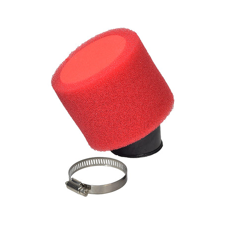 37 mm - 38 mm Angled Foam Air Filter for 125cc-150cc ATVs, Dirt Bikes, & Pit Bikes on a black container, showcasing the foam screen and rubber fitting.