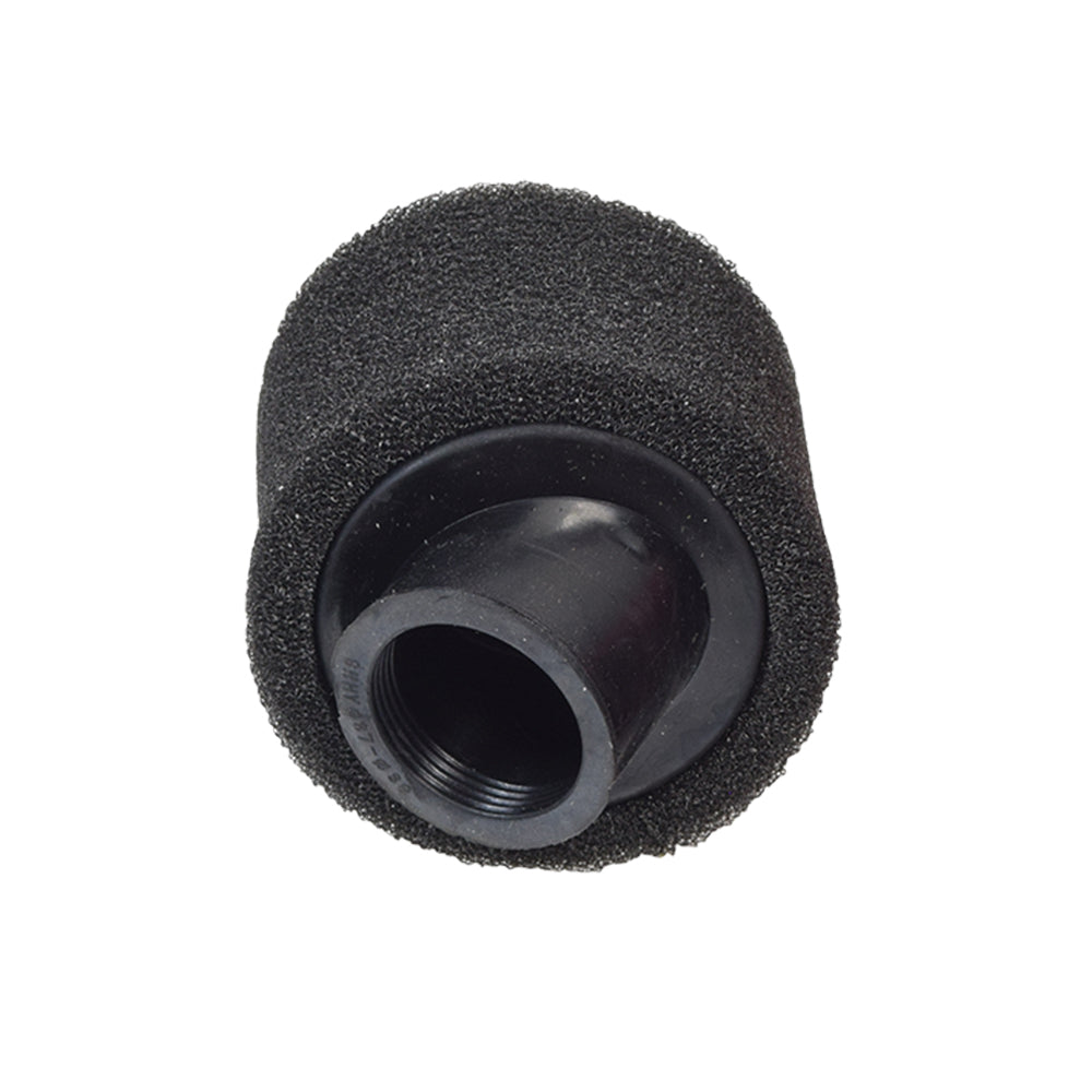 37 mm - 38 mm Angled Foam Air Filter for 125cc-150cc ATVs, Dirt Bikes, & Pit Bikes featuring a black sponge with a hole, attached to a black rubber tube.