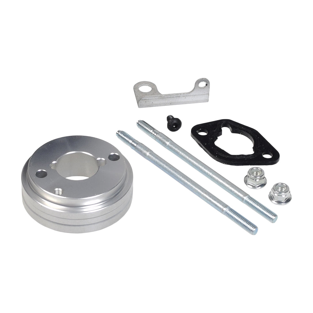 High Performance Air Filter Intake Kit for Massimo Warrior 200 MB200 & MS200S Mini Bikes, showing a close-up of the metal object components, including a nut, black plastic part with hole, filter, and hardware.