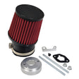 Close-up of the High Performance Air Filter Intake Kit for 6.5 Hp Go-Kart & Mini Bike Engines, featuring a cylindrical design with a detailed metal filter and a black plastic mounting adapter.