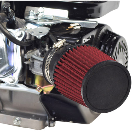 Close-up of the 212cc 6.5 HP & 224cc HP Predator High-Performance Air Filter Intake Kit (Missing Hardware), showcasing the red air filter and associated mounting components.