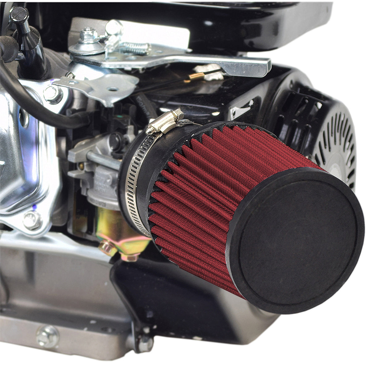 High Performance Air Filter Intake Kit for Massimo Warrior 200 MB200 & MS200S Mini Bikes, featuring a close-up of the red air filter and mounting hardware for improved engine performance.