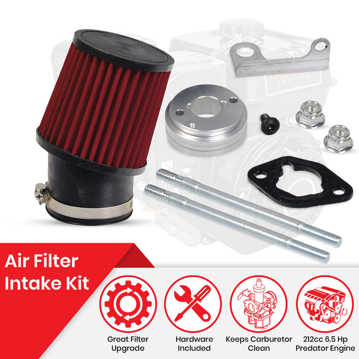 High Performance Air Filter Intake Kit for Massimo Warrior 200 MB200 & MS200S Mini Bikes, including a close-up of the air filter, gasket, metal screws, and mounting hardware.
