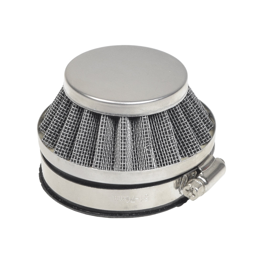 60 mm Air Filter for 48cc & 80cc Gas Bicycle Engines, showing a close-up of the silver round metal filter with a mesh grid, highlighting the essential component for clean airflow in carbureted engines.