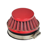 60 mm Air Filter for 48cc & 80cc Gas Bicycle Engines showing a close-up of its red and silver design, highlighting the intricate mesh and red cap for effective dust filtration.