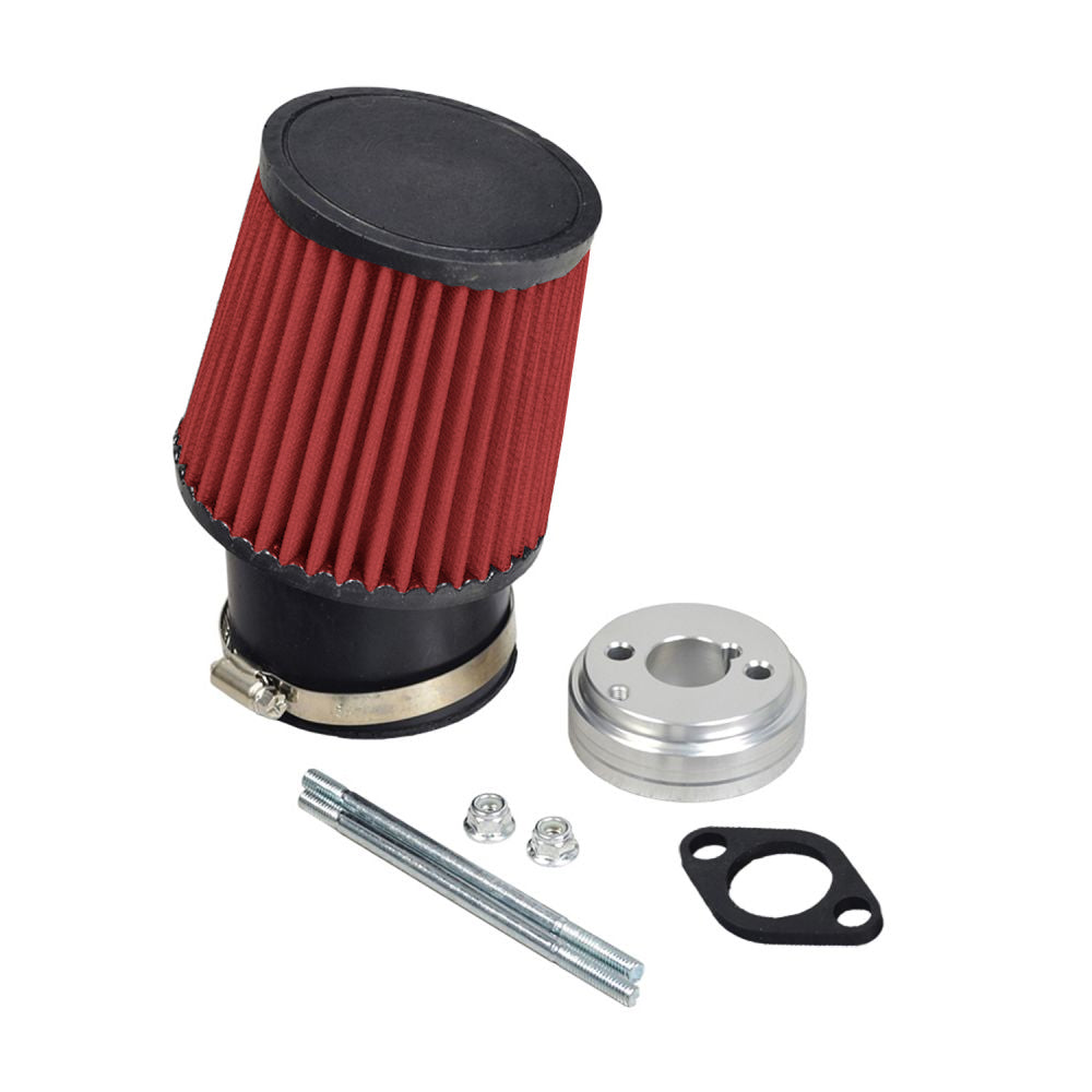 High Performance Air Filter Kit for the Coleman CC100X & CT100U Mini Bikes, showcasing a cylindrical red and black filter with visible mounting hardware and close-up details of the filter's intricate design.