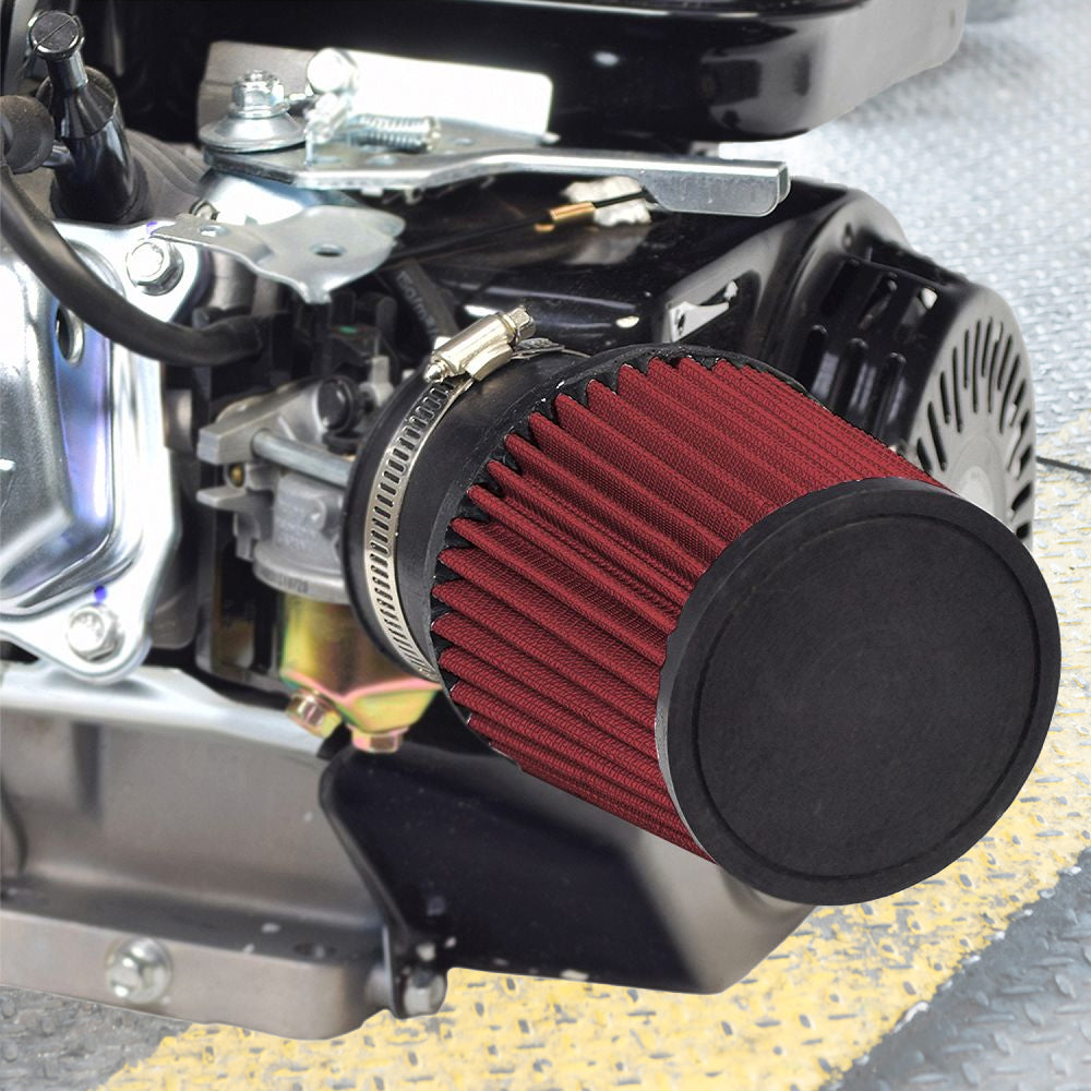 Close-up of the High Performance Air Filter Intake Kit for the Coleman RB200 212cc Mini Bike, showcasing the filter, mounting hardware, and adapter components for enhanced engine performance.