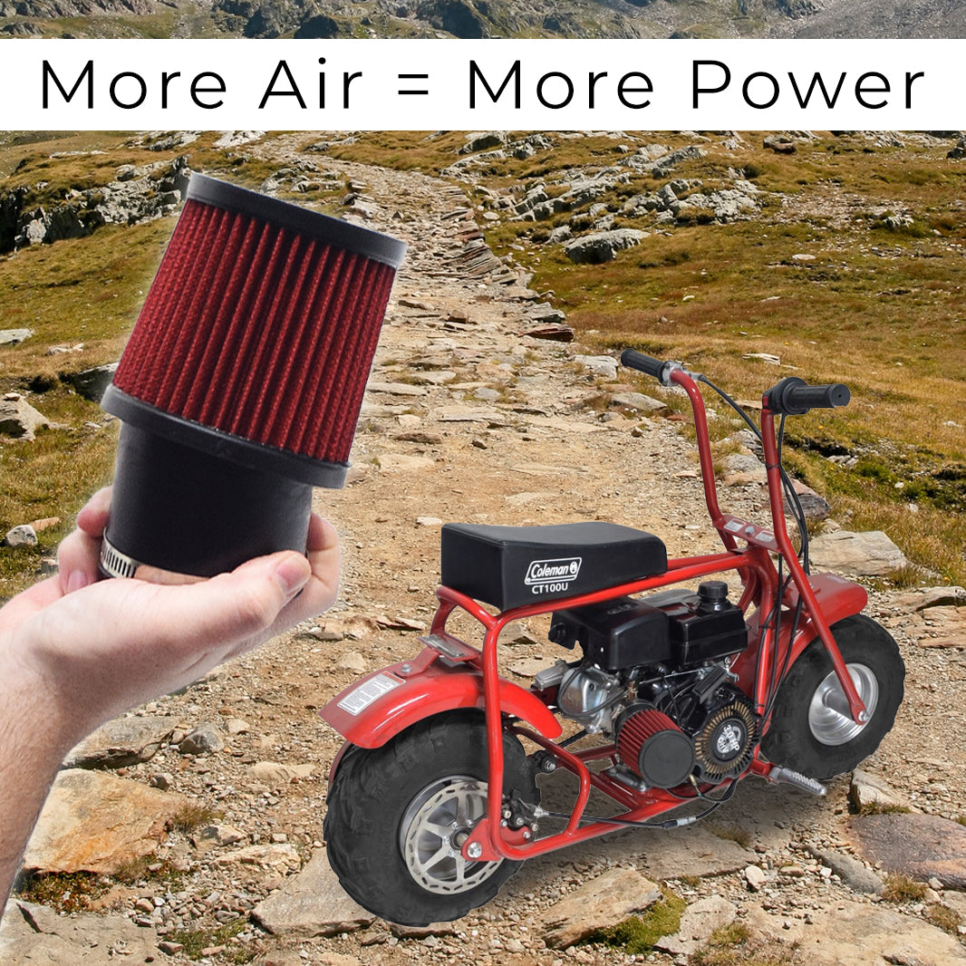 High Performance Air Filter Kit for the Coleman CC100X & CT100U Mini Bikes, shown held in a hand, featuring a large filter, velocity stack, and mounting hardware for optimal engine performance.