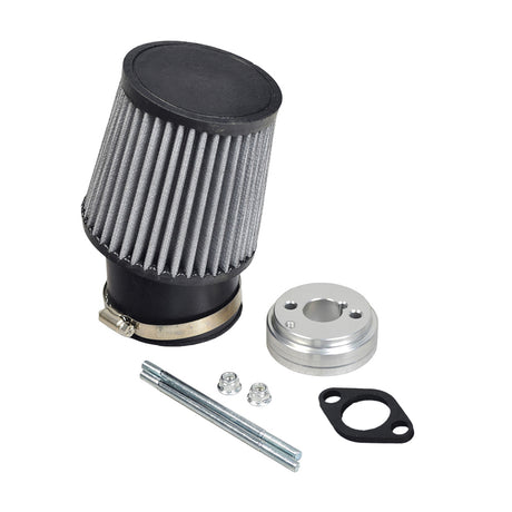 High Performance Air Filter Kit for the Coleman CC100X & CT100U Mini Bikes featuring a close-up of the cylindrical filter, gasket, bolts, and nuts for carburetor mounting.