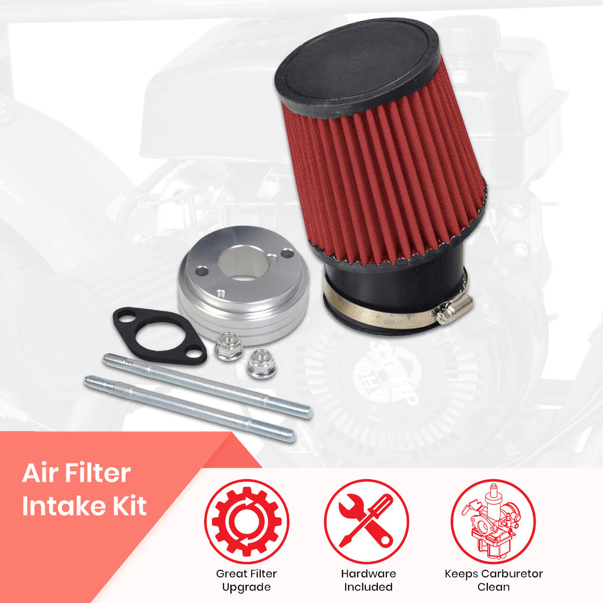 High Performance Air Filter Kit for the Coleman CK100 & SK100 Go-Karts, featuring a close-up of the red filter, metal mounting hardware, gasket, and accessories for optimal engine performance and dust protection.