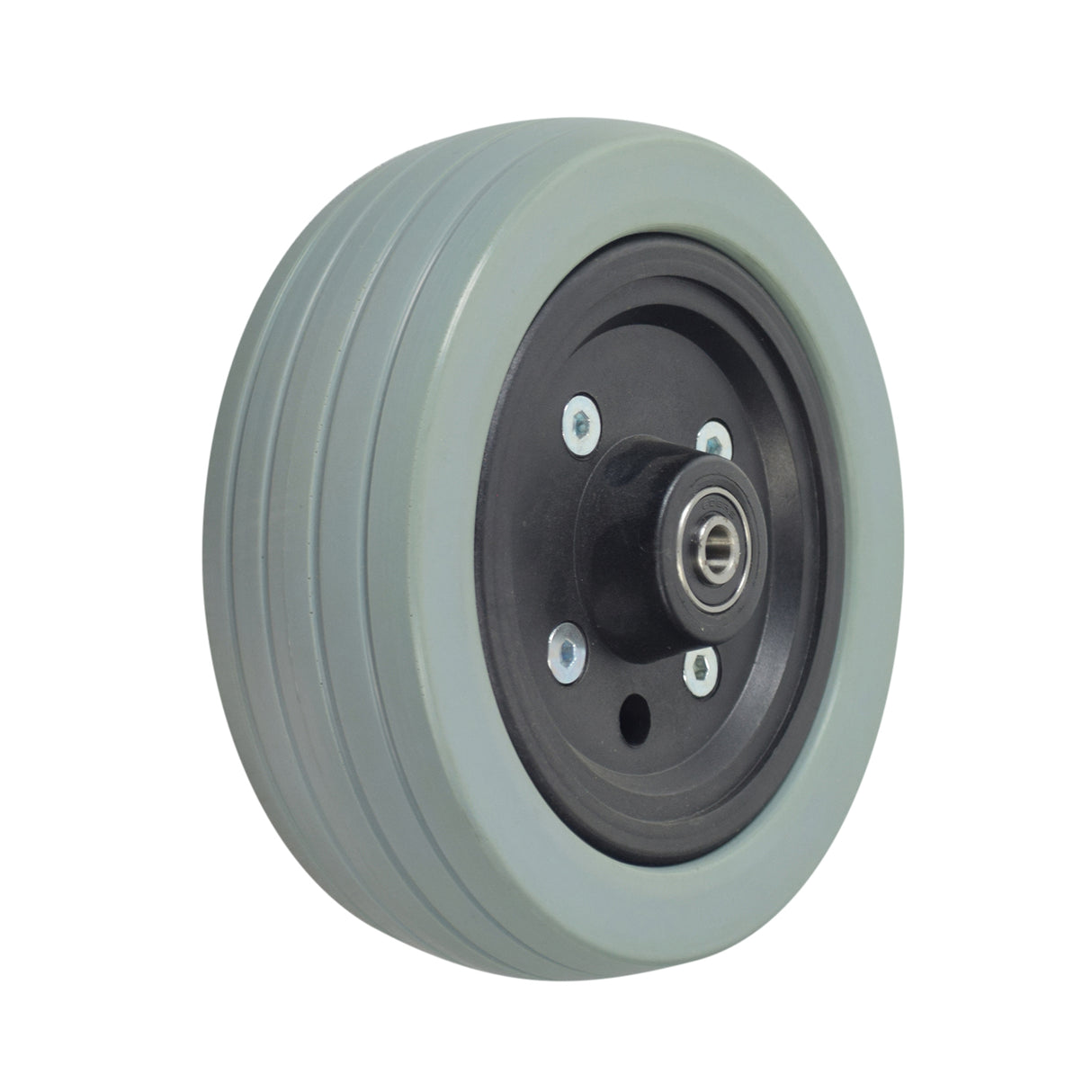 Caster Wheel Assembly for the ActiveCare Catalina and Intrepid Power Chairs, featuring a black rubber tire and a round center, suitable for various compatible power chair models.