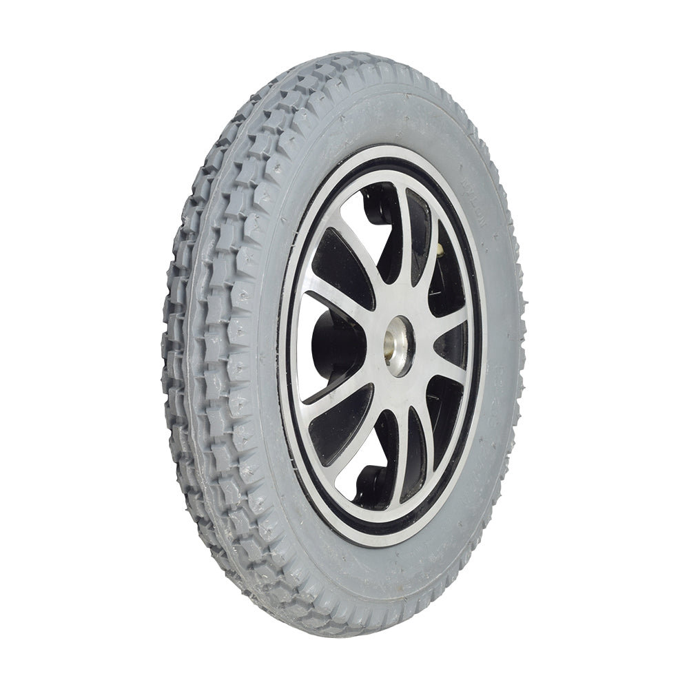 12-1/2x2-1/4 Pneumatic Drive Wheel Assembly for the ActiveCare Wildcat Power Chair, featuring a close-up of the tire with a silver rim and detailed tread pattern.