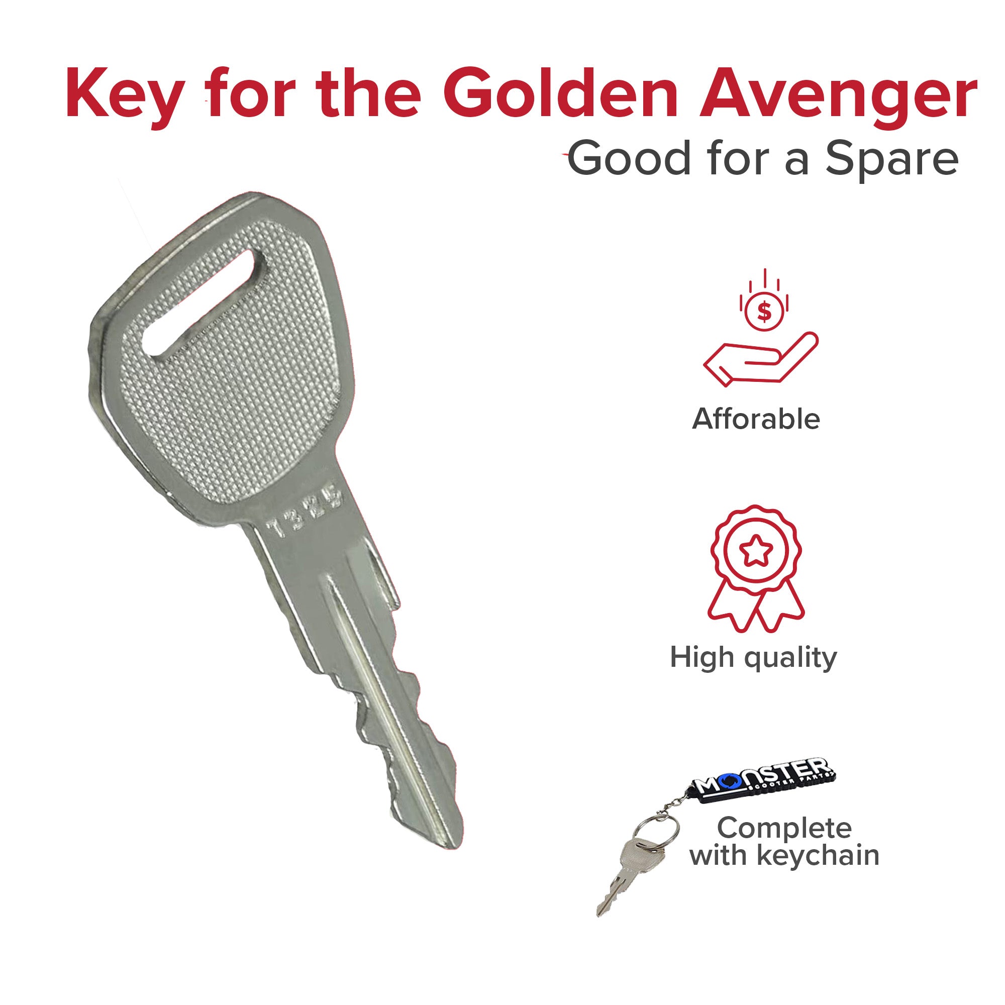 Key for the Golden Technologies Avenger (GA531 and GA541), shown close-up with a keyring attached. This replacement scooter key fits the original key switch on the Avenger models.