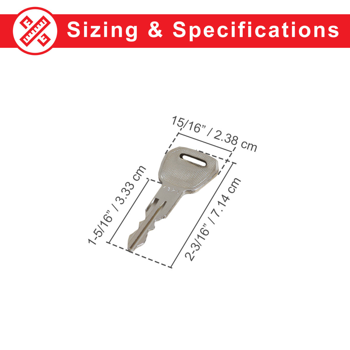 Key for ActiveCare Scooters shown with precise measurements, designed as a replacement for various ActiveCare scooters and Drive Medical Spitfire EX models.