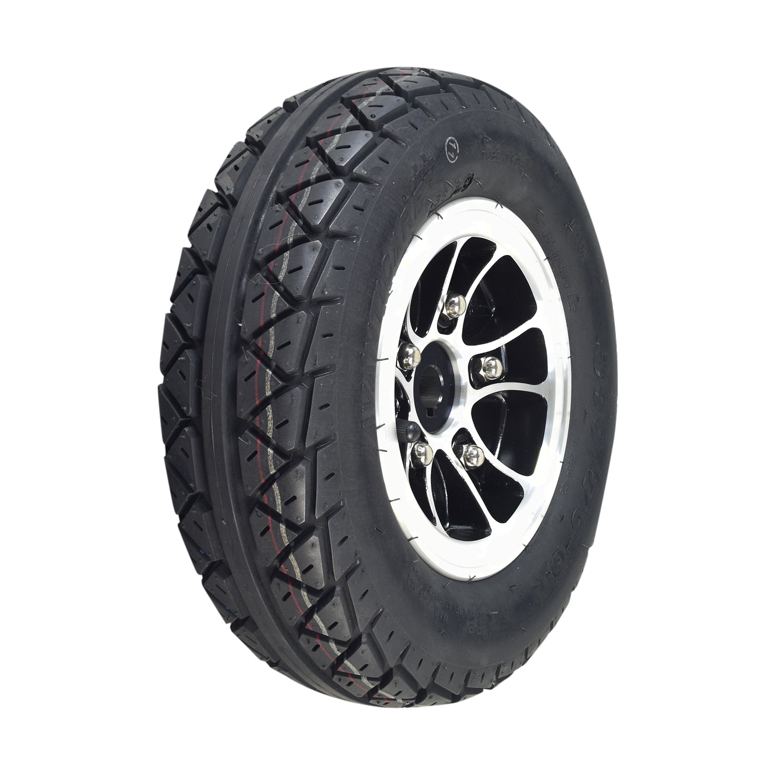 300/70-6 Pneumatic Rear Wheel Assembly for ActiveCare Prowler 3310 and 3410 Scooters, featuring a black tire with a silver rim, showcasing a close-up of the detailed tread and rim.