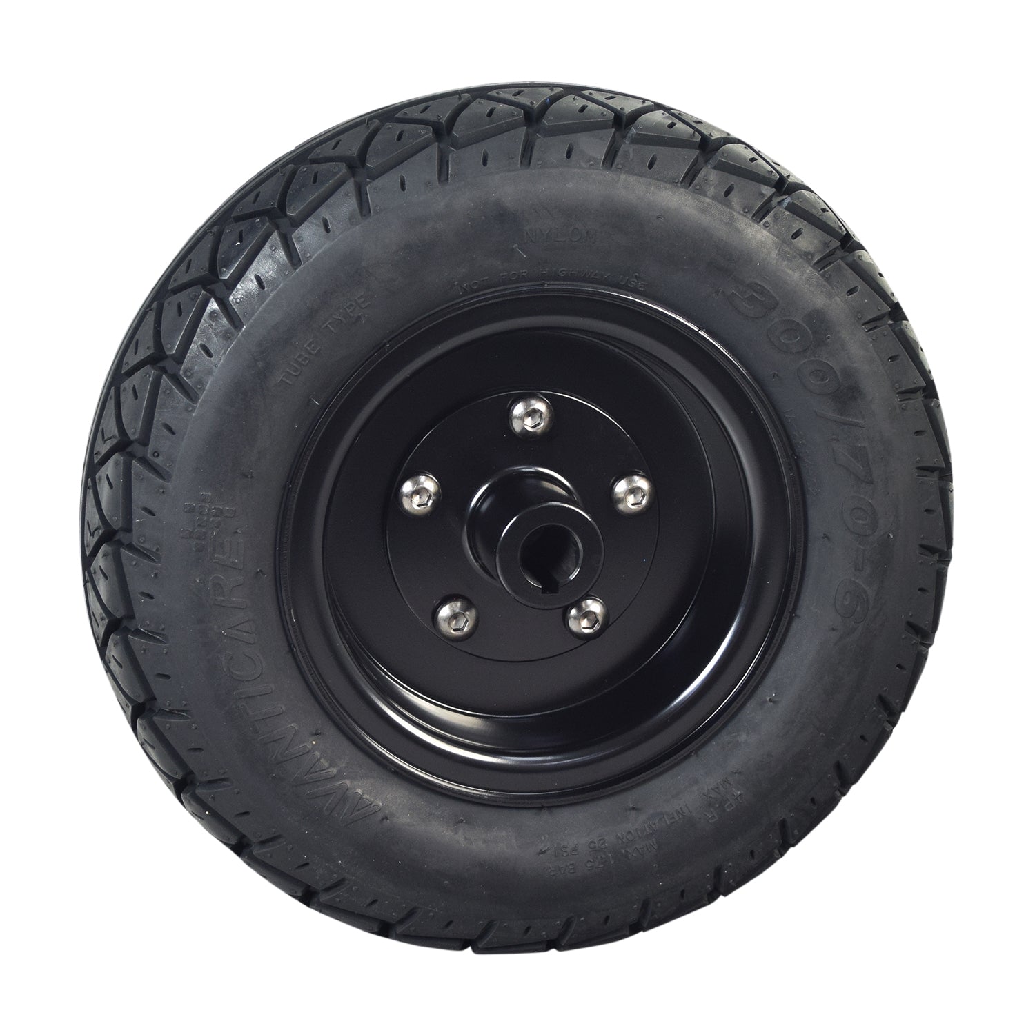 300/70-6 Pneumatic Rear Wheel Assembly for the ActiveCare Prowler 3310 and 3410 Scooters, featuring a black tire with a black rim, suitable for rear wheel replacement.