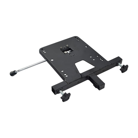 Seat Bracket for ActiveCare Scooters and Power Chairs: Black metal piece with a metal handle and screws, designed for Captain's seat style and solid seat pan. Not compatible with Cobalt, Wildcat, or Spitfire series.