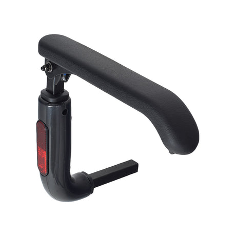 Complete Right Side Armrest Assembly for the ActiveCare/Drive Medical Spitfire Series Scooters featuring a black armrest with integrated red reflector, elbow bracket, and elevating swivel hinge for mobility scooters.