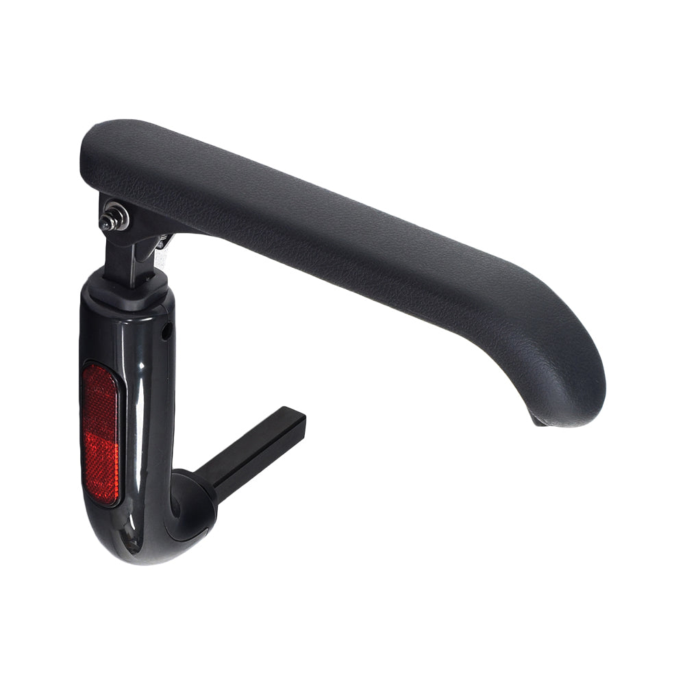 Complete Right Side Armrest Assembly for ActiveCare/Drive Medical Spitfire Series Scooters, featuring a black armrest pad, red reflector, and metal screw details, ideal for mobility scooter replacements.