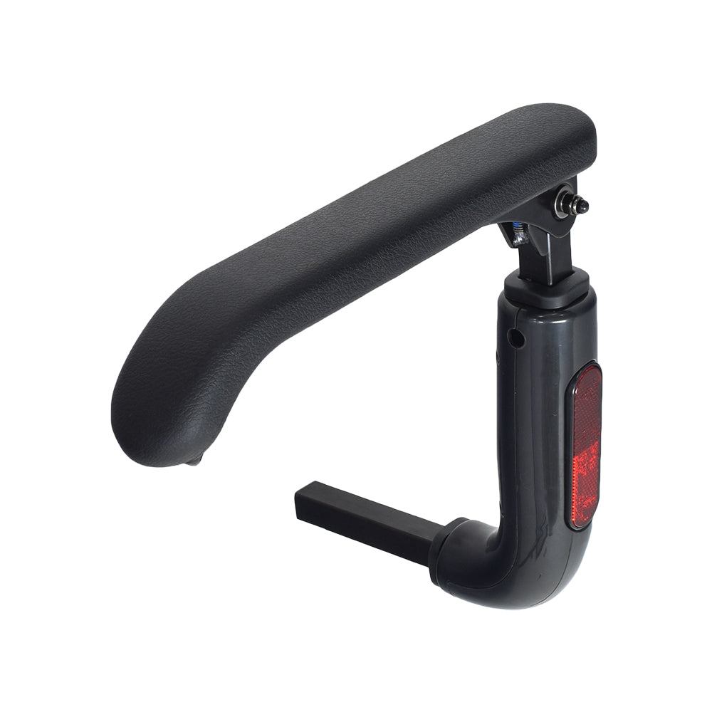 Complete Left Side Armrest Assembly for ActiveCare/Drive Medical Spitfire Series Scooters, featuring a black armrest pad with a red reflector, a lever, and a close-up of the elevating swivel hinge.