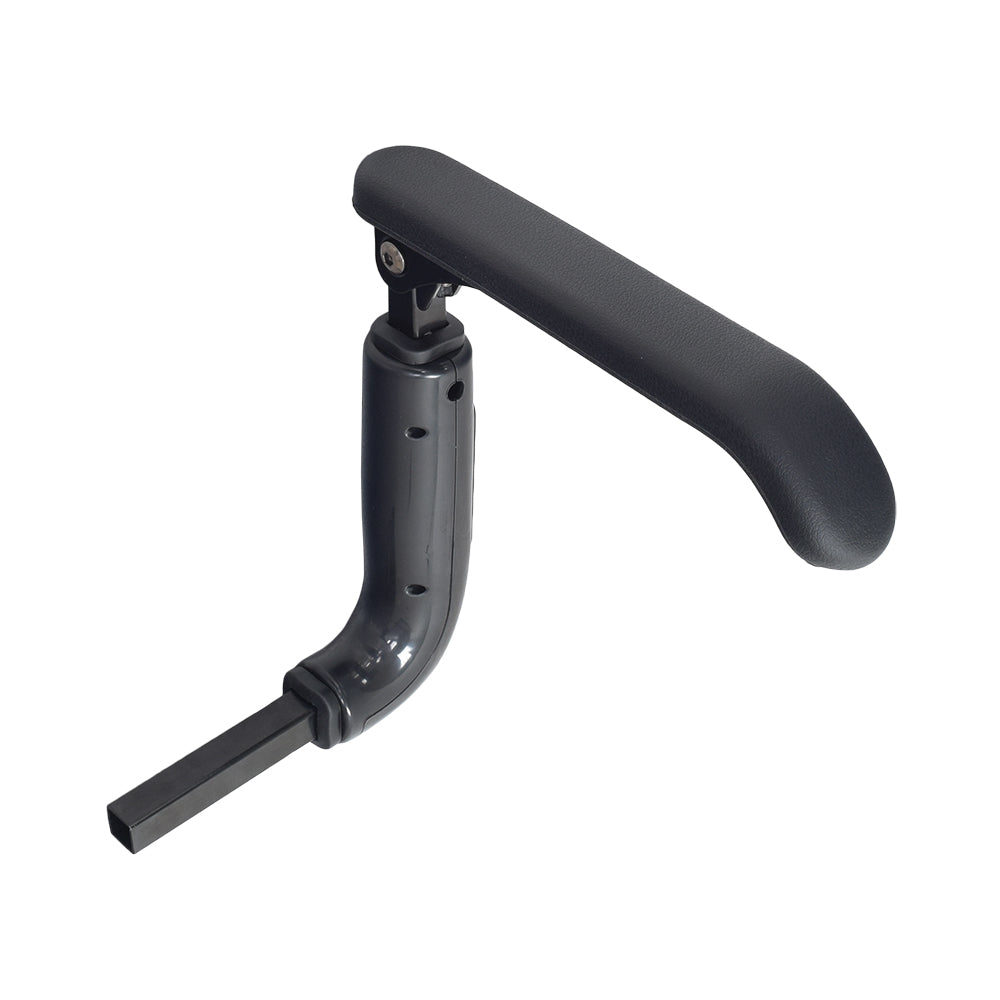 Complete Left Side Armrest Assembly for ActiveCare/Drive Medical Spitfire Series Scooters, featuring a black armrest pad, handle, and elbow bracket, designed for easy attachment and comfort.