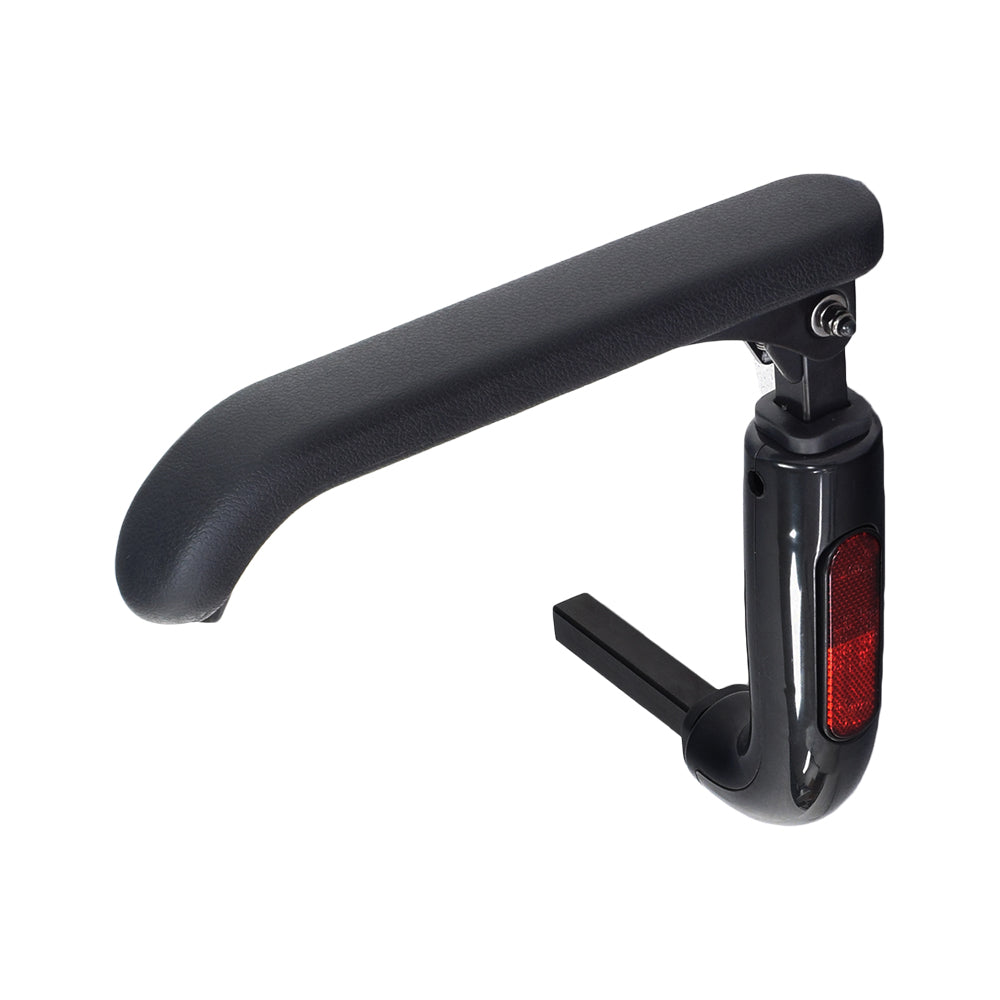 Complete Left Side Armrest Assembly for the ActiveCare/Drive Medical Spitfire Series Scooters, featuring a black handlebar with a red reflector, armrest pad, elbow bracket, and elevating swivel hinge.