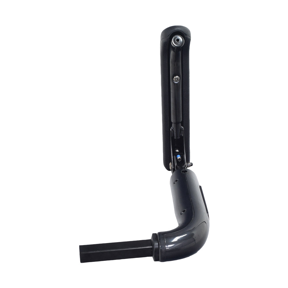 Complete Left Side Armrest Assembly for ActiveCare/Drive Medical Spitfire Series Scooters, featuring a black handle with an armrest pad and an elevating swivel hinge, shown in close-up.