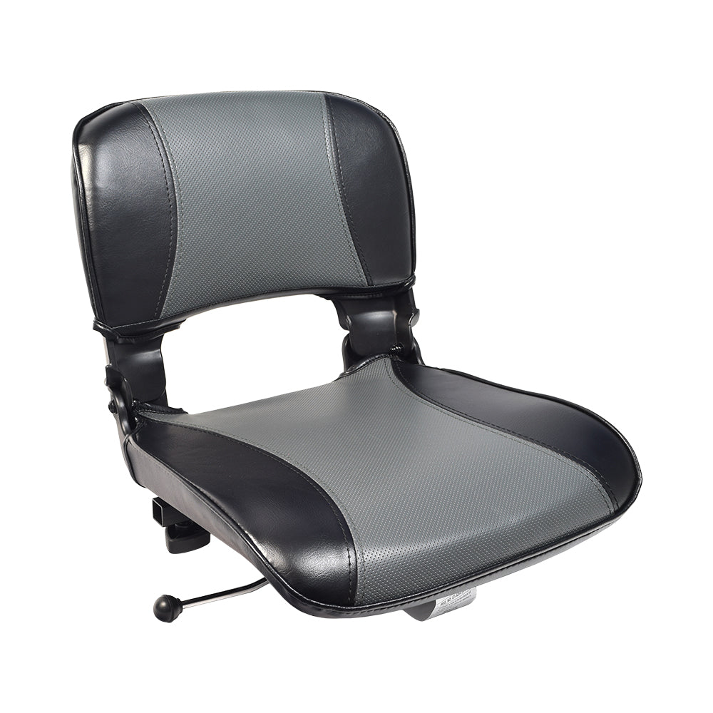 2-Tone Black/Gray Seat Assembly for ActiveCare/Drive Medical Spitfire Scooters, featuring a black and gray cushioned seat, vinyl upholstery, and steel seat base frame, without armrests.