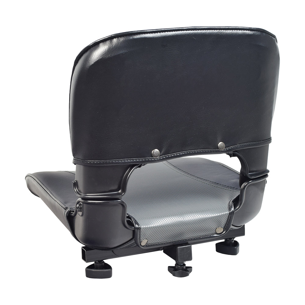 2-Tone Black/Gray Seat Assembly for ActiveCare/Drive Medical Spitfire Scooters, featuring a black chair with a grey cushion, black leather back, and plastic wheels, factory original with steel seat base and lever.