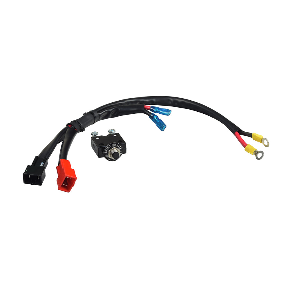 Power Connection Harness for the ActiveCare Pilot 2410 & Prowler 3410, featuring black electrical wires with red and blue connectors, a black switch with blue wires, and a black circuit breaker with a round button.