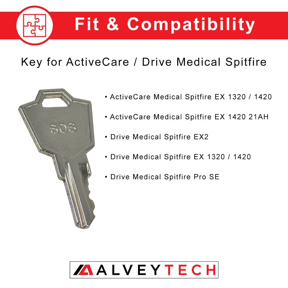 Key for the ActiveCare & Drive Medical Spitfire EX 1320 / 1420 with Headlight, featuring close-up details of engraved text and numbers on a metallic surface.