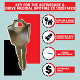 Key for the ActiveCare & Drive Medical Spitfire EX 1320 / 1420 with Headlight featuring distinct symbols and a logo on the keychain.