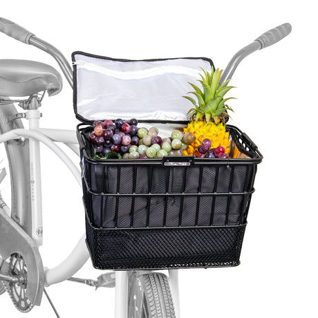 Insulated Basket Bag for Bicycles, E-Bikes, & Scooters placed in a handlebar mount basket on a bicycle, filled with a variety of fruits, showcasing its secure and spacious design.