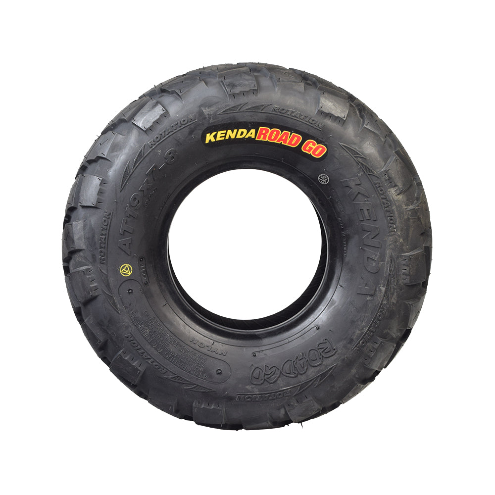 Kenda 19x7.00-8 Road Go ATV & Mini Bike Tire with K572 Tread, featuring siped tread pattern for wet traction and reduced noise, suitable for Baja Motorsports ATVs, tubeless, E mark approved.