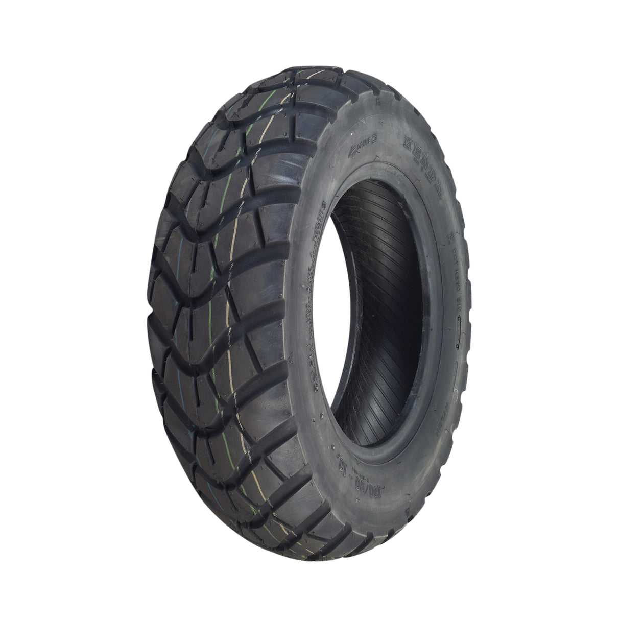 Kenda 130/90-10 Dual Sport Scooter Tire with K761 Tread, featuring an aggressive tread pattern ideal for both on and off-road use, shown in a close-up highlighting its detailed tread design and black rim.