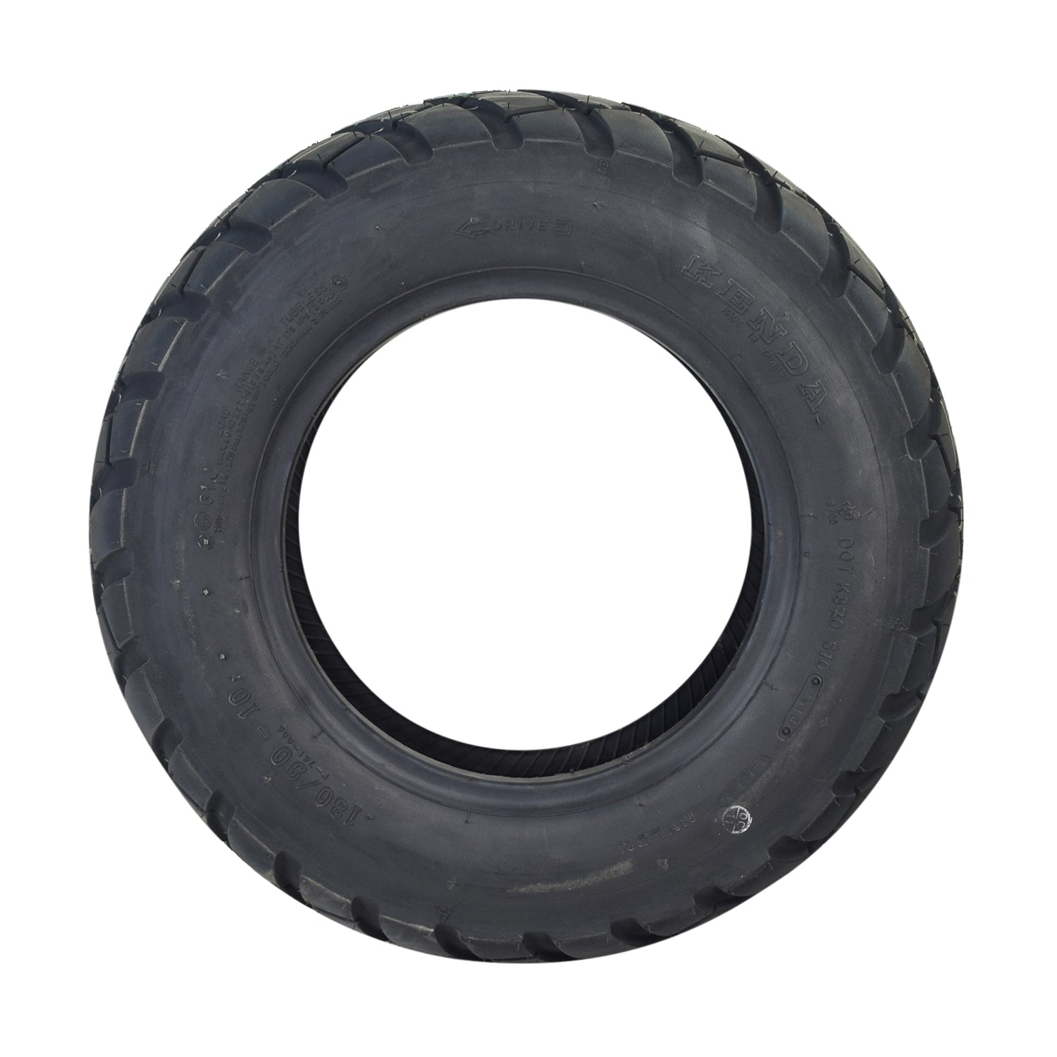 Kenda 130/90-10 Dual Sport Scooter Tire with K761 Tread, showcasing an aggressive tread pattern suitable for on and off-road use.