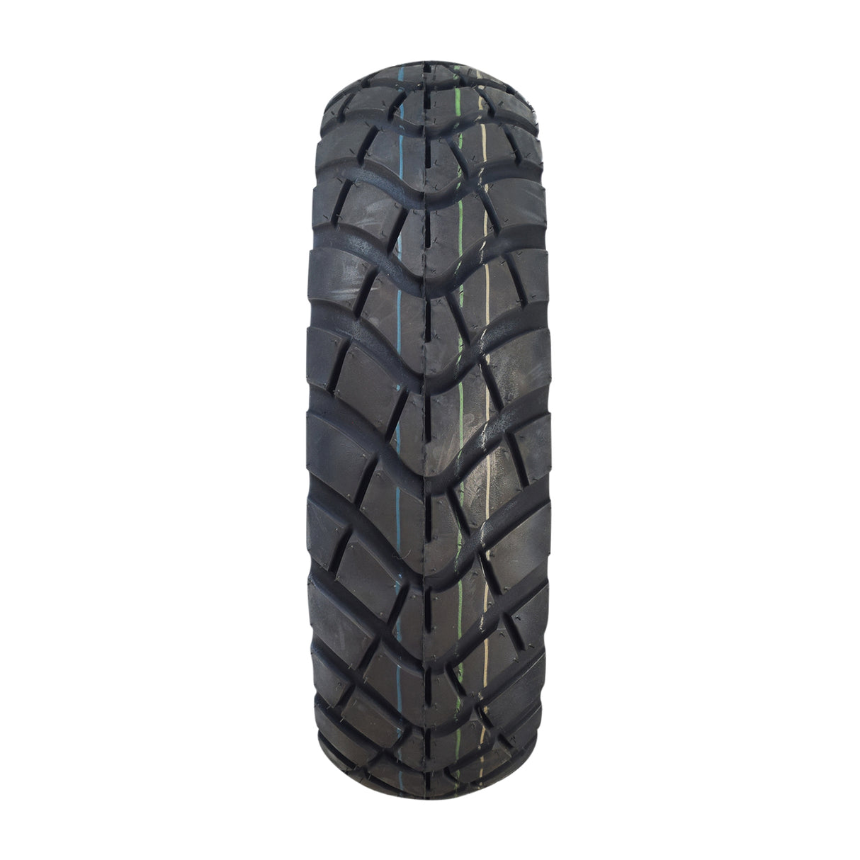 Kenda 130/90-10 Dual Sport Scooter Tire with K761 Tread, showcasing an aggressive tread pattern suitable for both on and off-road use, ideal for wet or dry conditions.