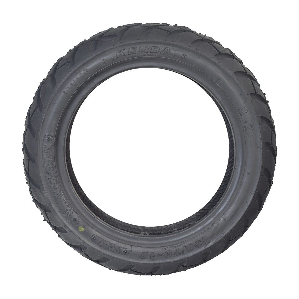 Kenda 130/70-12 Dual Sport Scooter Tire with K761 Tread, showcasing its aggressive tread pattern designed for versatile on and off-road performance, suitable for various conditions.