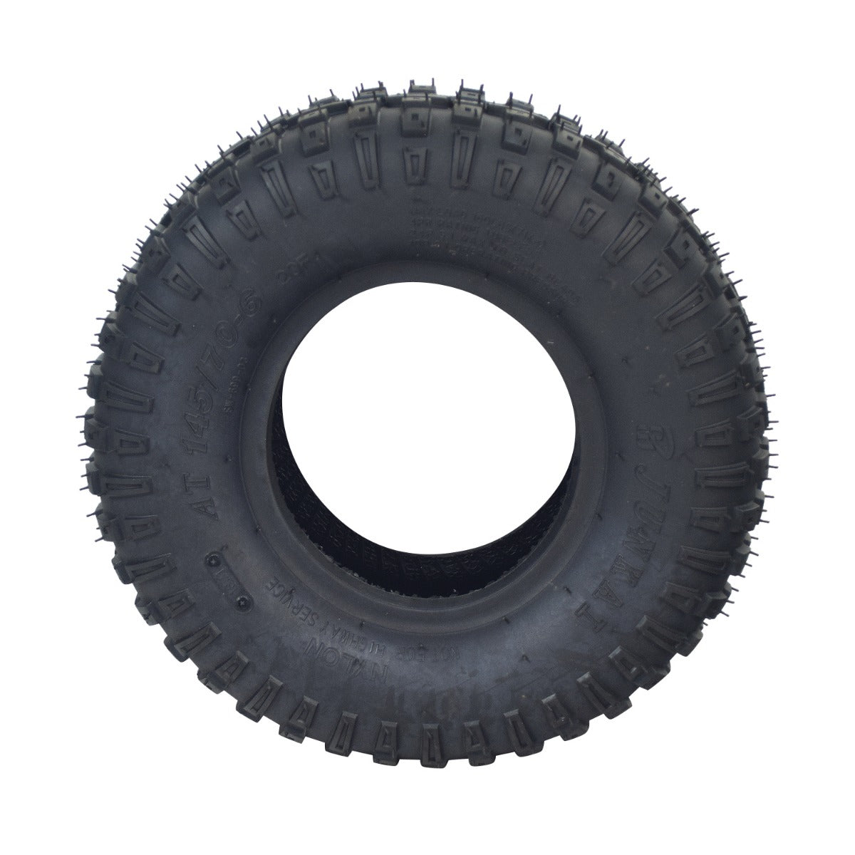 145/70-6 Tire with AQ3015 Knobby Tread for Baja Blitz, Dirt Bug, Doodle Bug, & Racer Mini Bikes featuring a durable black rubber construction and distinctive knobby tread pattern.