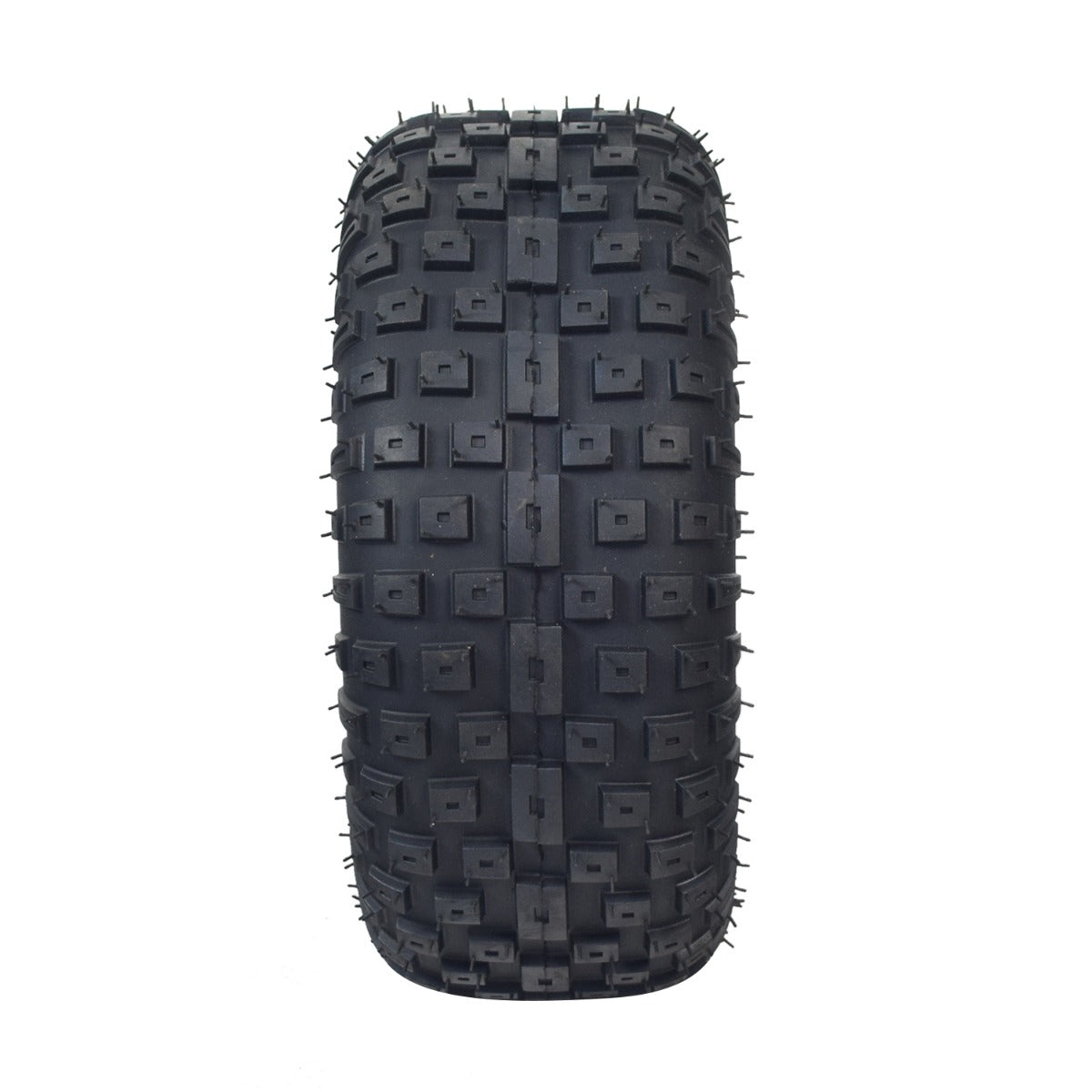 145/70-6 Tire with AQ3015 Knobby Tread for Baja Blitz, Dirt Bug, Doodle Bug, and Racer Mini Bikes, featuring small square treads for excellent traction on various terrains.