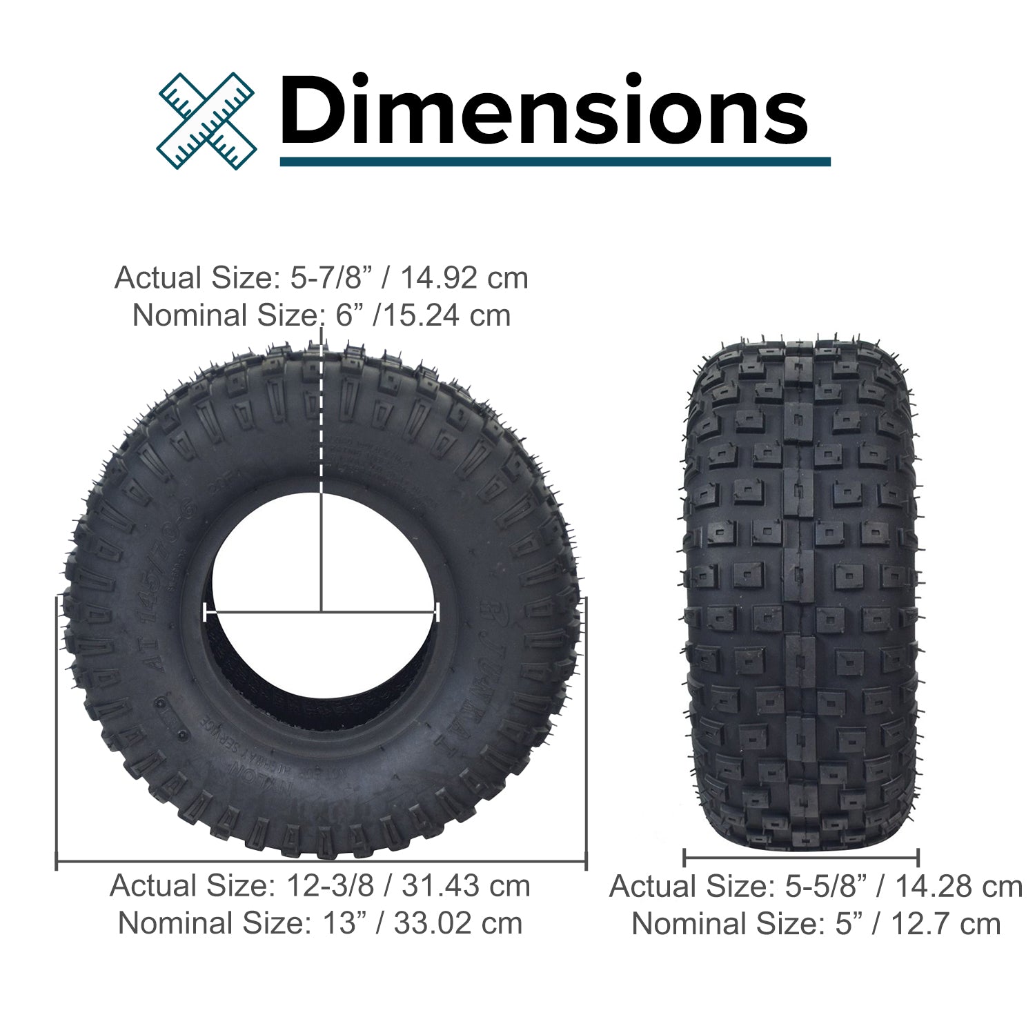 145/70-6 tire with AQ3015 knobby tread featuring a close-up view of the robust tire designed for Baja Blitz, Dirt Bug, Doodle Bug, and Racer Mini Bikes.