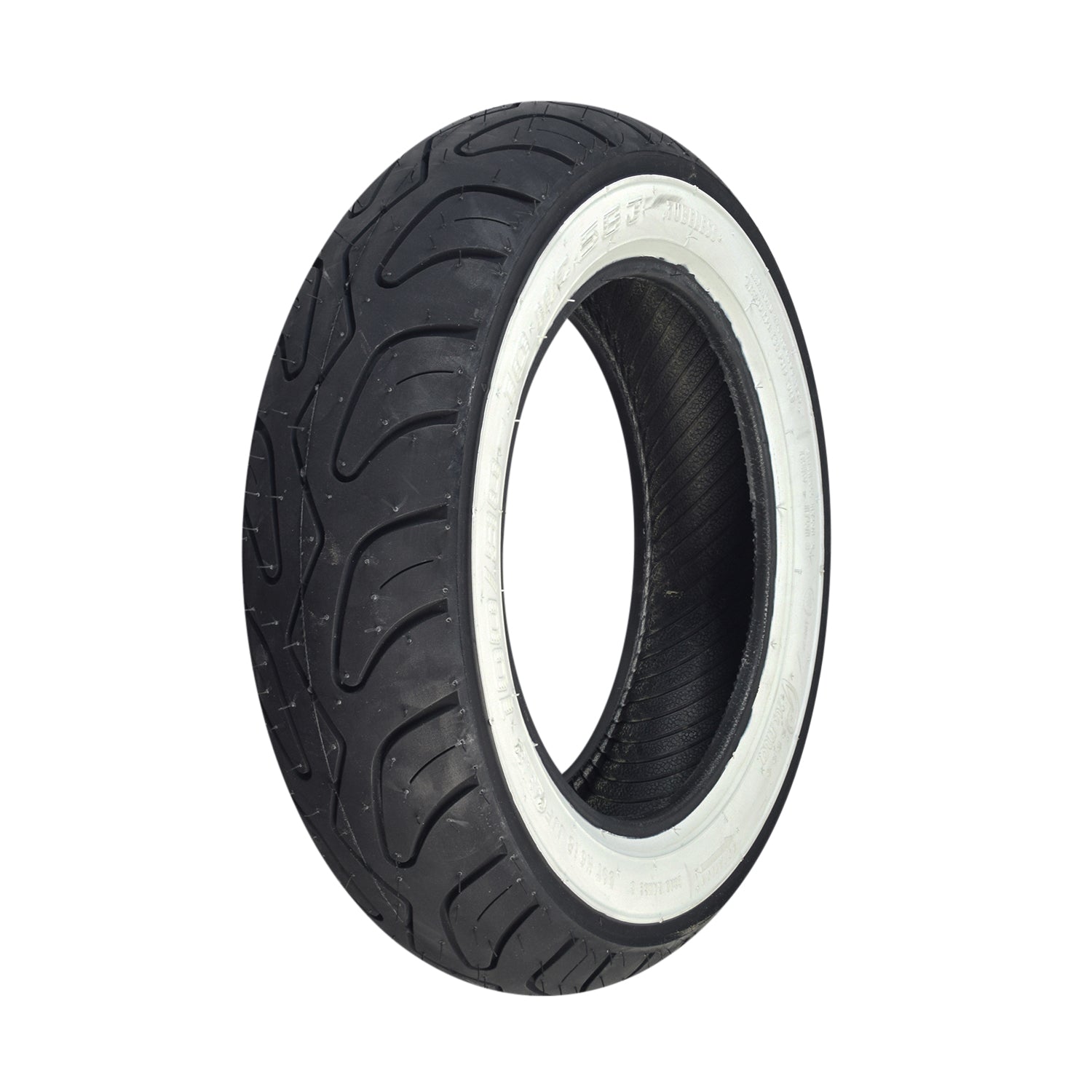 Prima 100/90-10 White Wall Scooter Tire, showcasing classic whitewall style and detailed tread, ideal for high-end scooters.